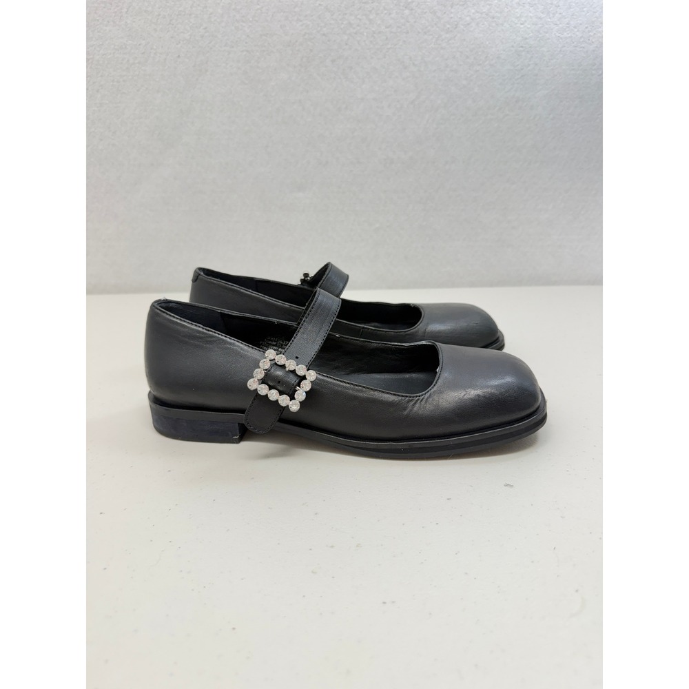 Free People Black Leather Square Toe Rhinestone Buckle Mary Jane Flats 7.5 - Picture 2 of 11